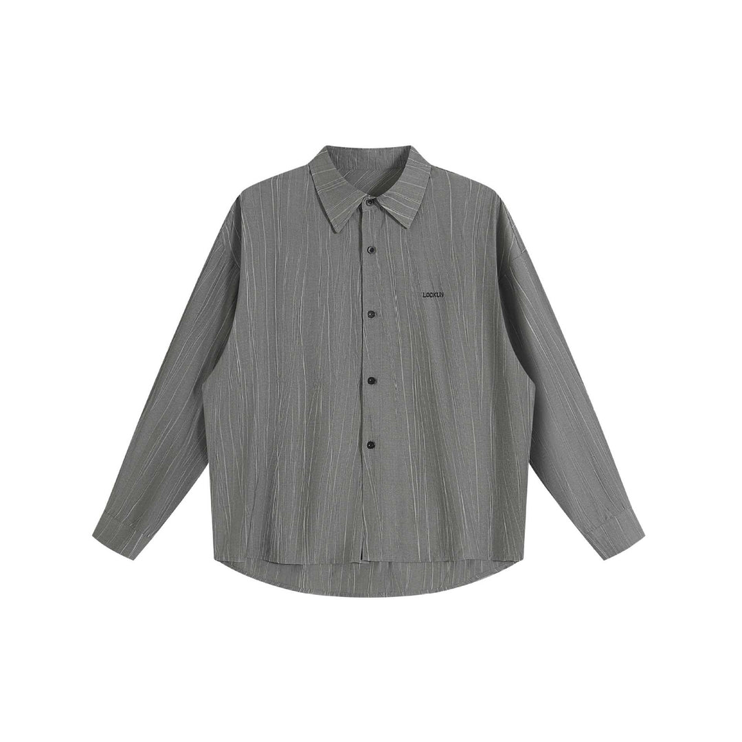 Unisex Oversize Hemdjacke mit strukturierter Längsstruktur, Kentkragen und abgerundetem Saum Echoarchiv