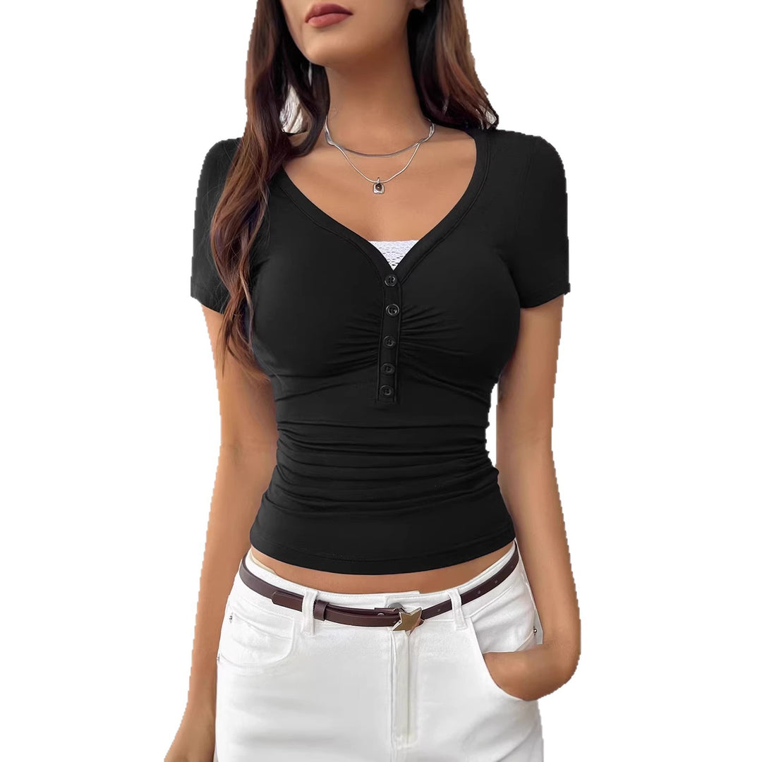 Damen figurbetontes Kurzarmshirt mit Knopfleiste und Raffung Echo Archiv