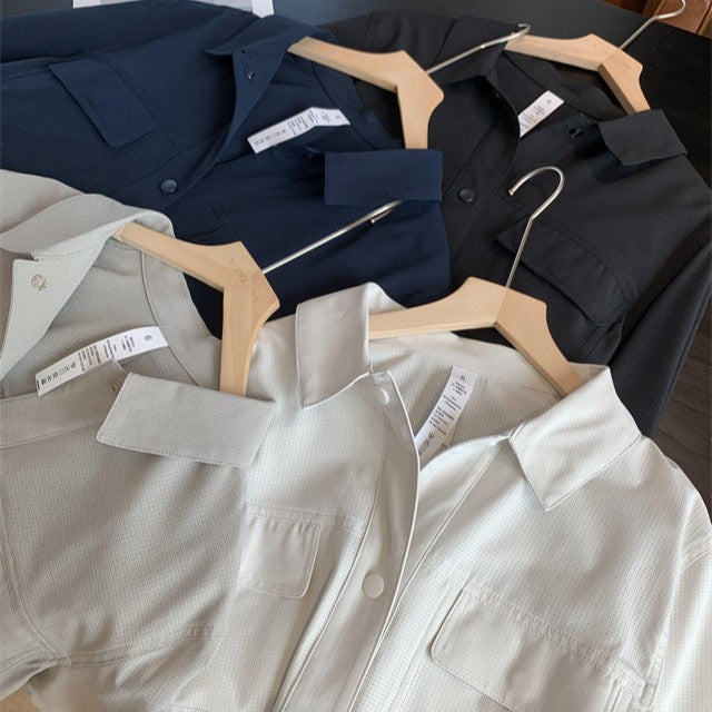 Damen Kurze Overshirt-Jacke aus strukturiertem Canvas mit Brusttaschen Echoarchiv