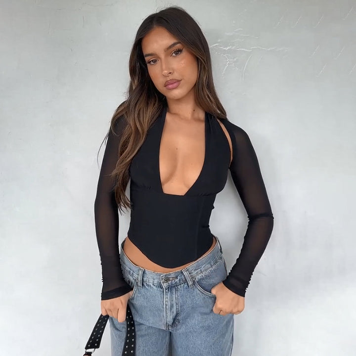 Damen Hochgeschlossenes Crop-Top mit transparenten Ärmeln Echo Archiv