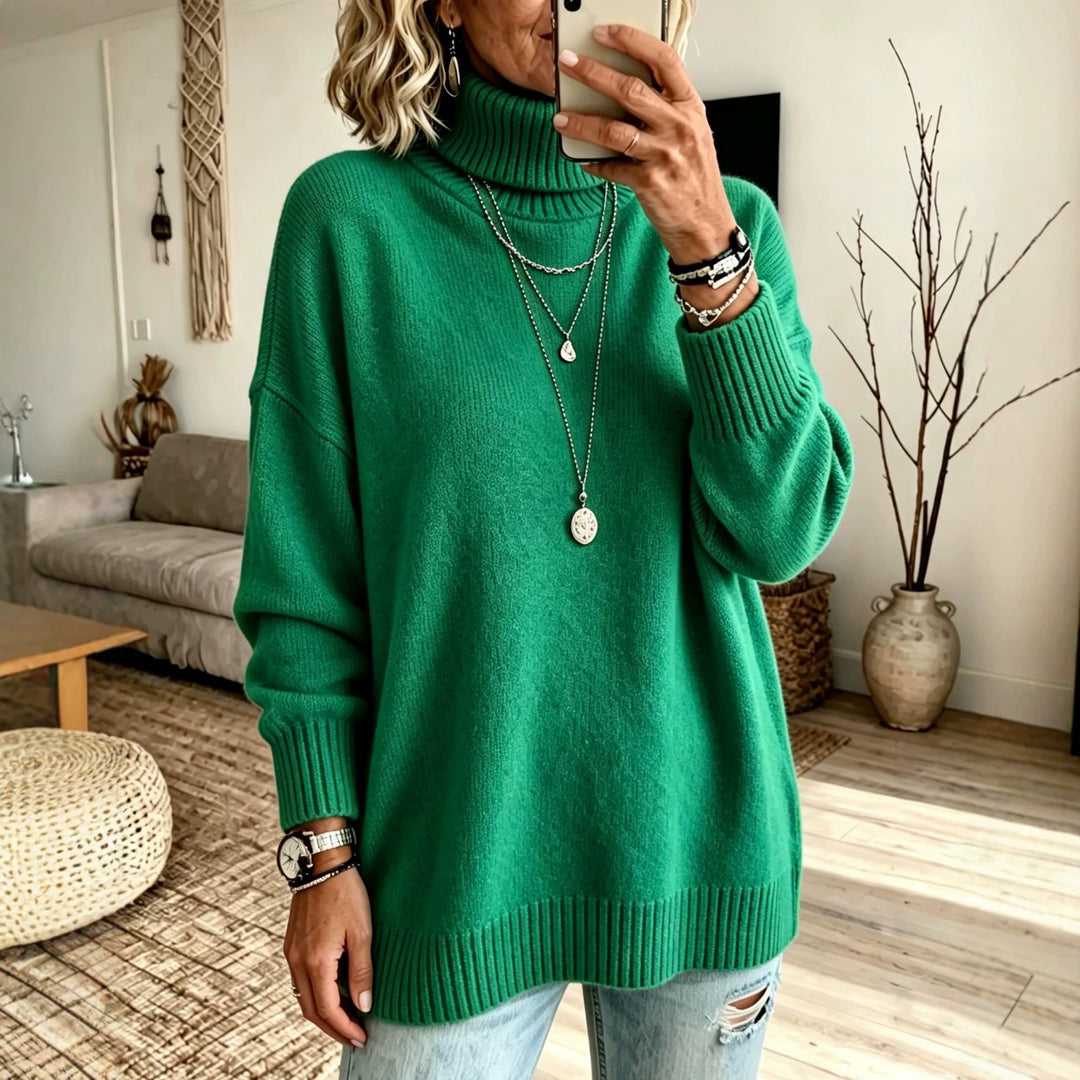 Damen Oversize Rollkragenpullover aus Feinstrick mit gerippten Bündchen und überschnittener Schulter – Mavelle