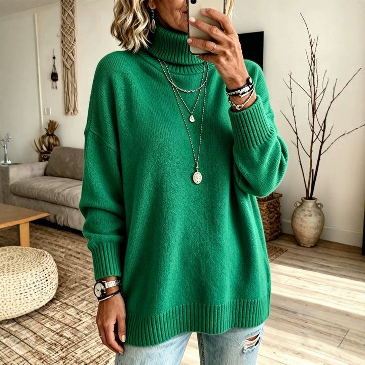 Damen Oversize Rollkragenpullover aus Feinstrick mit gerippten Bündchen und überschnittener Schulter – Mavelle
