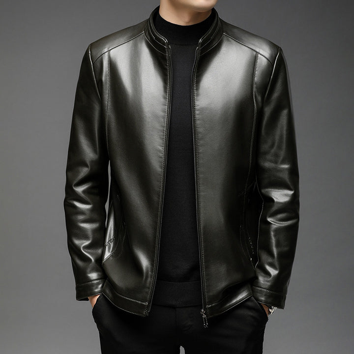Herren Minimalistische Lederoptik-Übergangsjacke mit Stehkragen und Zwei-Wege-Reißverschluss Echoarchiv