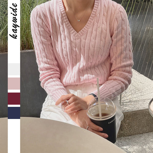 Damen feiner Strukturstrick-Pullover mit V‑Neck, Zopfmuster und geripptem Saum – Mavelle