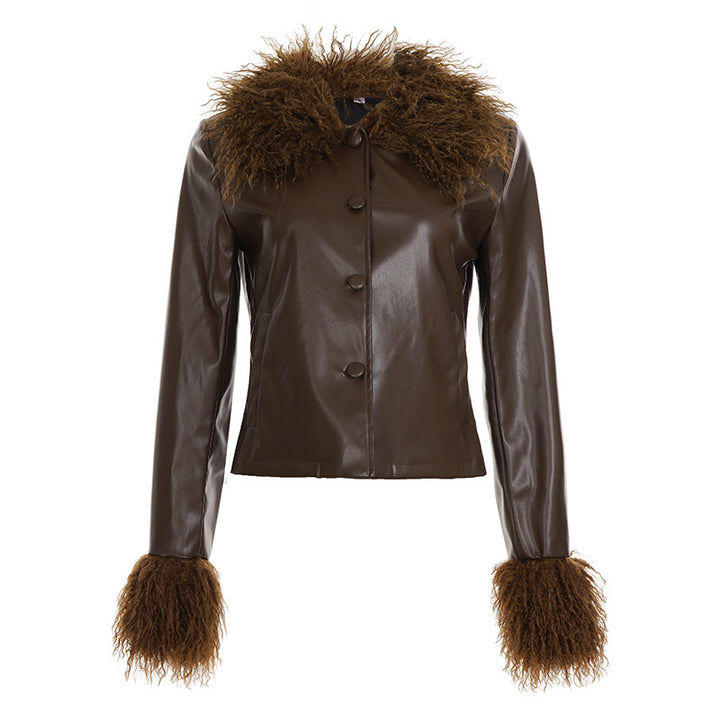 Damen Kurzjacke aus veganem Leder mit voluminösem Fellkragen und Fellmanschetten – Célinea