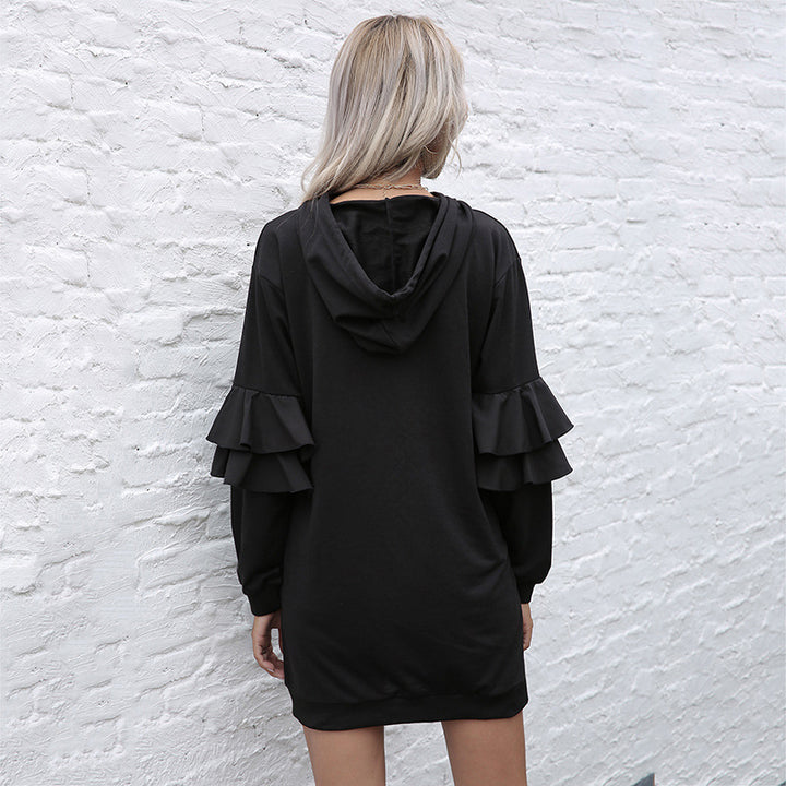 Damen Oversize-Kapuzenkleid mit zweistufigen Volantärmeln und Eingrifftasche Echoarchiv