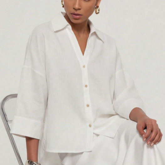 Damen Leichte Oversize Leinenoptik Bluse mit Dreiviertelärmeln und durchgehender Knopfleiste Echoarchiv