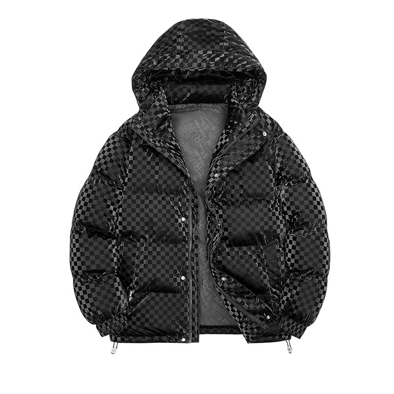 Herren Hochglänzende gesteppte Thermojacke mit Kapuze & Karo‑Struktur Echoarchiv
