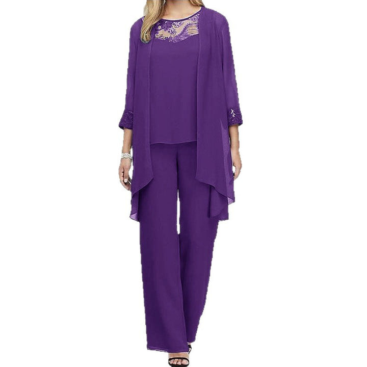 Damen nan fließendes Chiffon-Abendensemble mit Spitzenbesatz, Kimono-Cardigan und weiter Palazzohose Echo Archiv