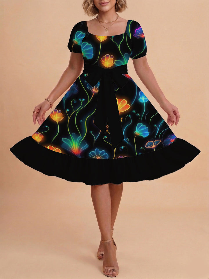 Damen Sommerkleid mit floralem Puffärmel und taillierbarem Gürtel Echo Archiv