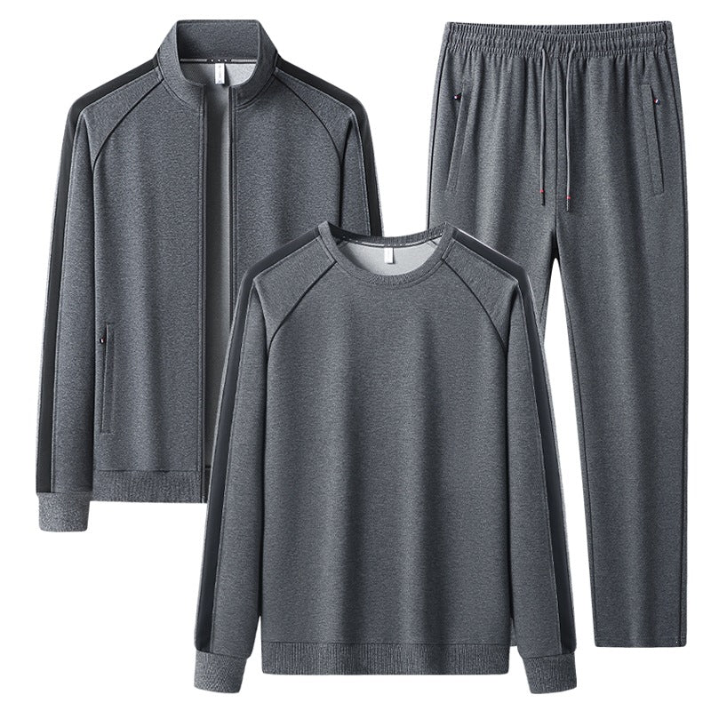[Herren] Zweiteiliges Trainingsset mit Stehkragen-Zipjacke, Rundhals‑Sweatshirt und konisch geschnittener Jogginghose aus atmungsaktivem Fleece Echoarchiv