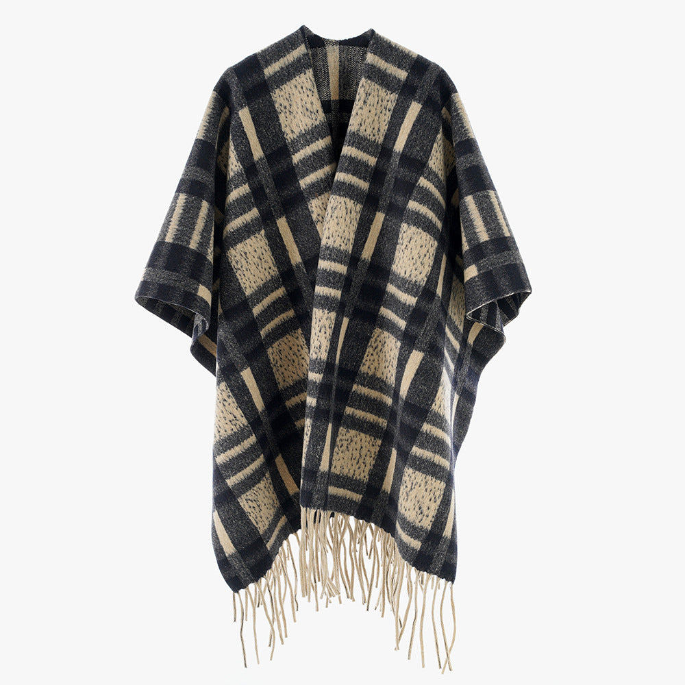 Damen Kariertes Wollmix-Poncho‑Cape mit Fransensaum und offenem Oversize‑Fall Echo Archiv