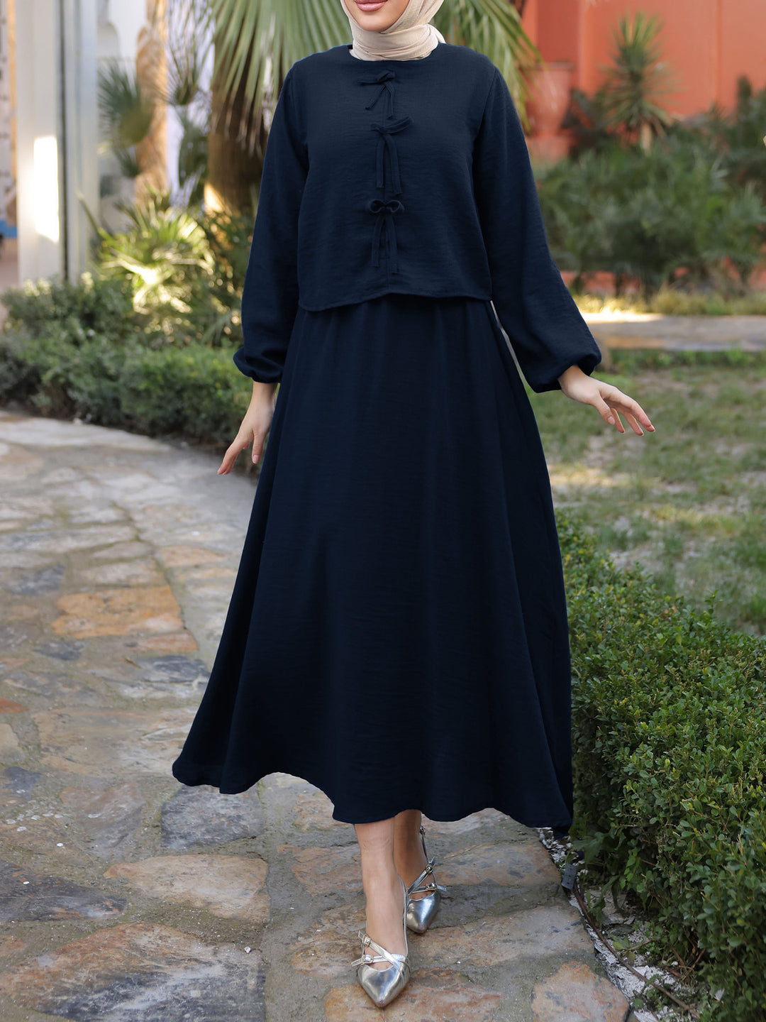 Damen Langes Zweiteiliges Maxikleid mit Überwurf, Rundhals und Zierknoten – Valéora