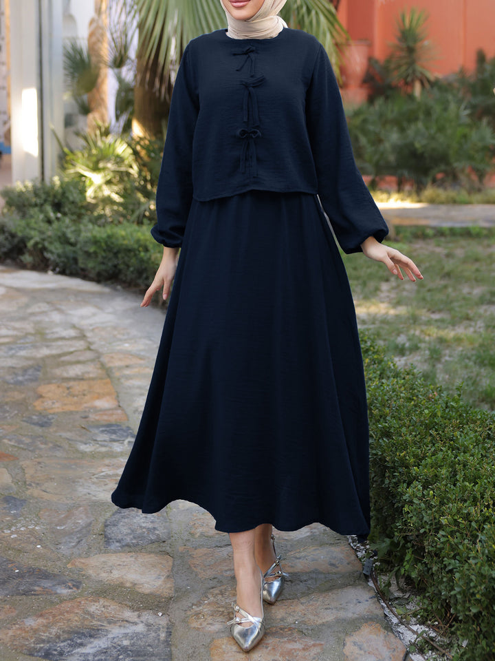 Damen Langes Zweiteiliges Maxikleid mit Überwurf, Rundhals und Zierknoten – Valéora
