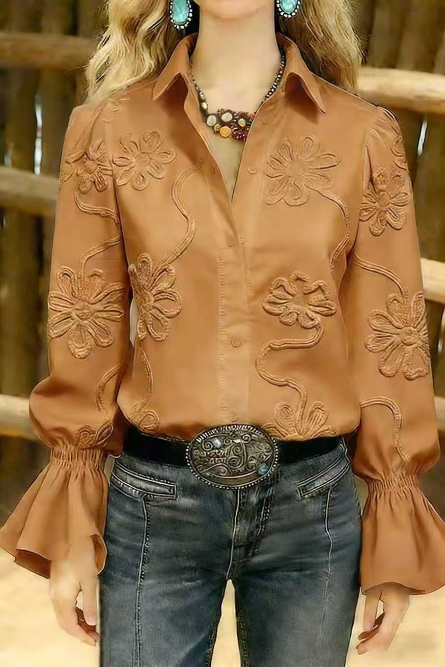 Damen elegante Bluse mit floraler Stickerei und voluminösen Ärmeln Echo Archiv