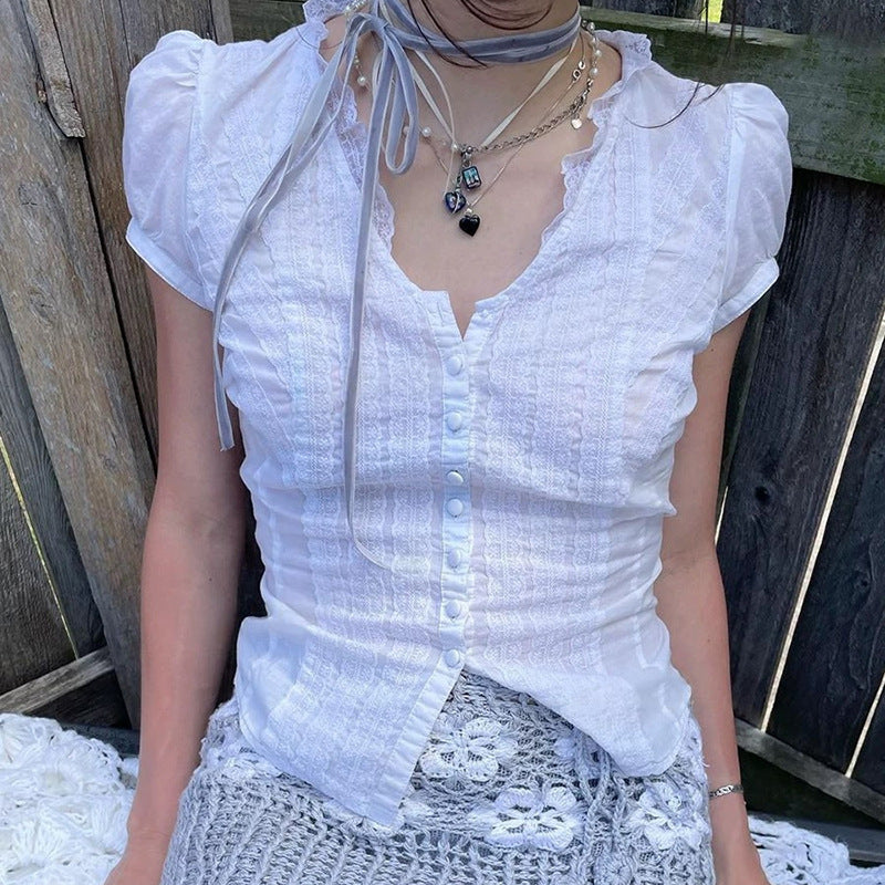 Damen Elegantes Blusenoberteil mit Rüschendetails und Knopfleiste Echo Archiv