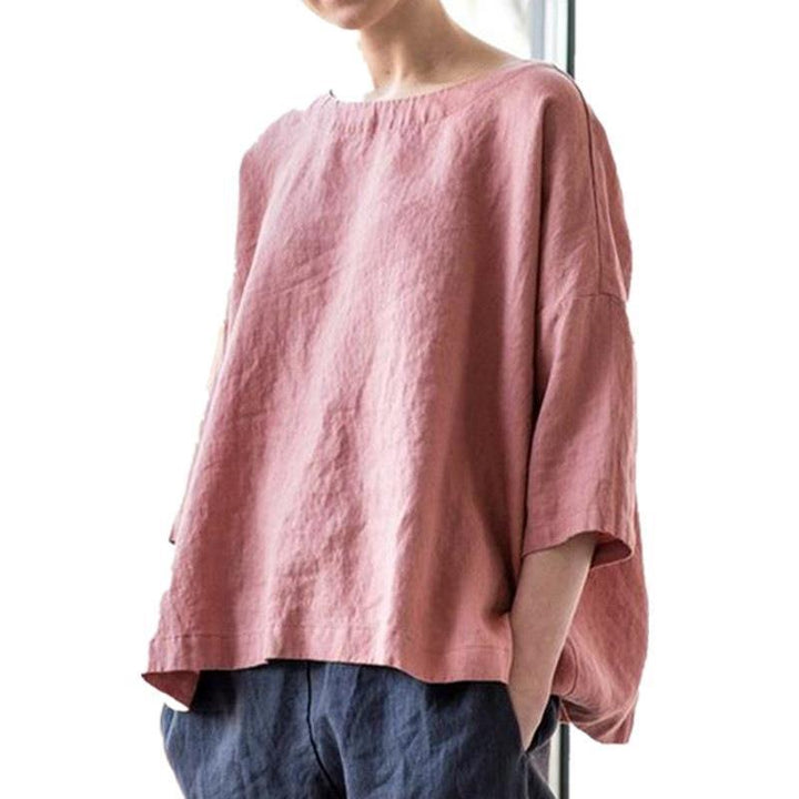 Damen Oversized Leinenbluse mit weitem Boxy‑Schnitt, U‑Boot‑Ausschnitt und 3/4‑Ärmeln Echo Archiv