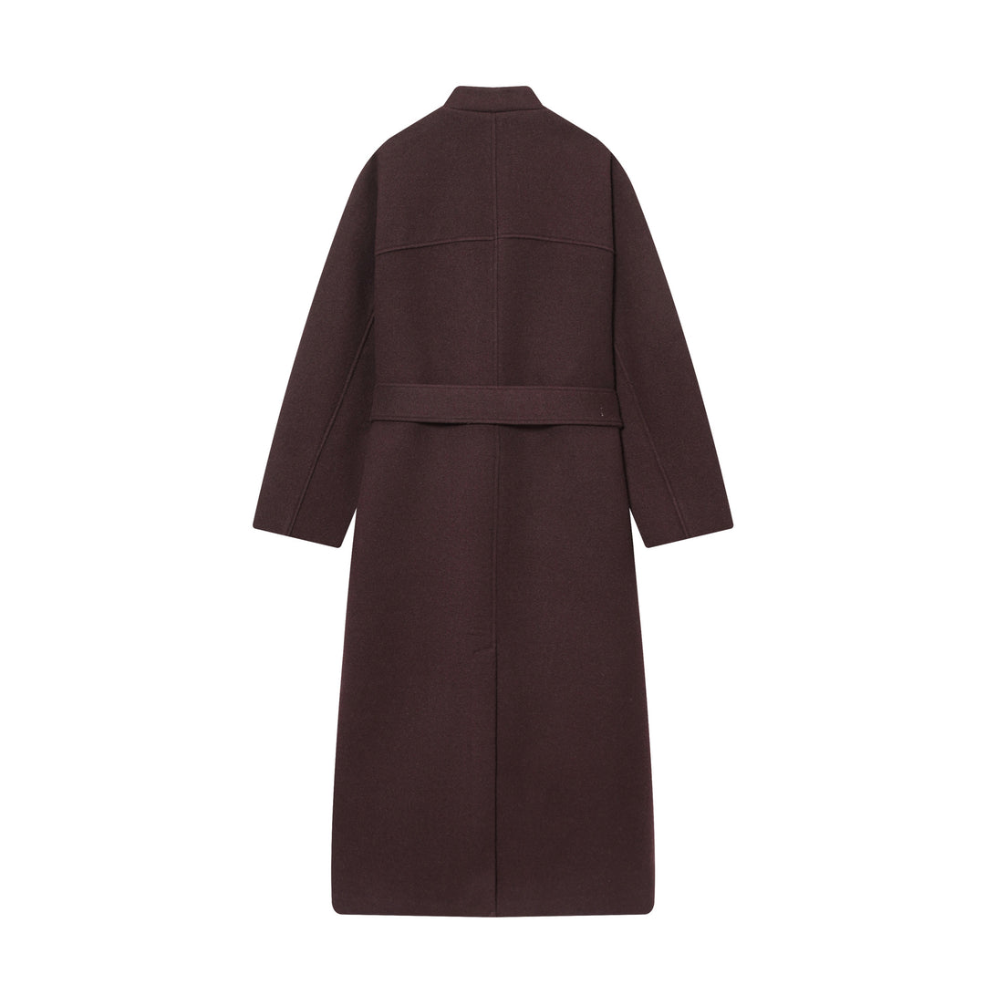 Damen langer Wollmantel mit Stehkragen, Druckknopfleiste, Bindegürtel und aufgesetzten Taschen – Montévia