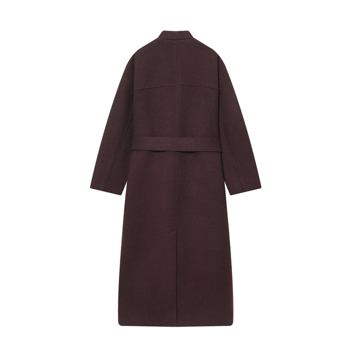 Damen langer Wollmantel mit Stehkragen, Druckknopfleiste, Bindegürtel und aufgesetzten Taschen – Montévia