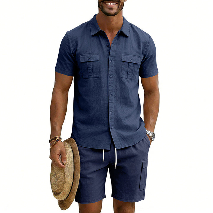 Herren nan sommerliches Freizeitset aus Baumwoll-Leinenmix mit Kurzarm-Hemd und Cargo-Shorts Echo Archiv
