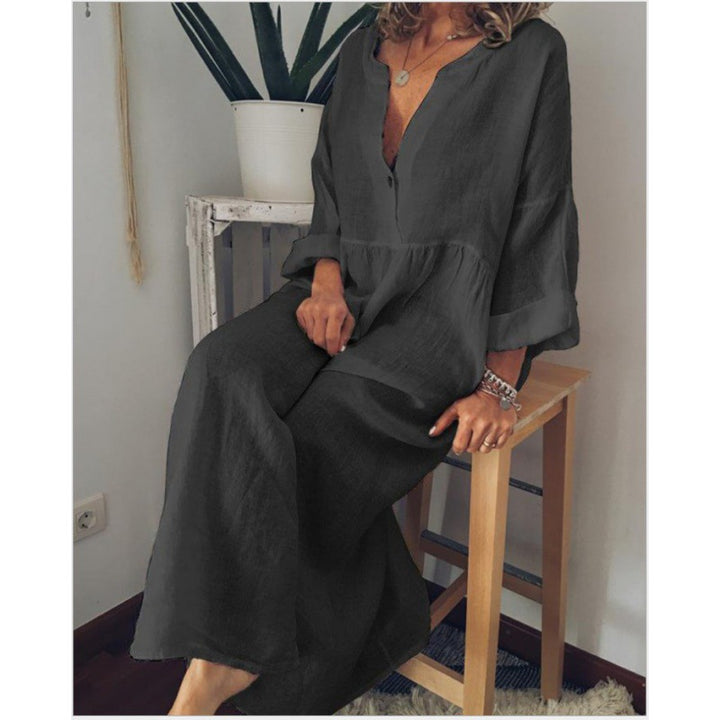 Damen Langes Leinen-Maxikleid mit V-Ausschnitt, geraffter Taille und 3/4-Ärmeln – Valéora