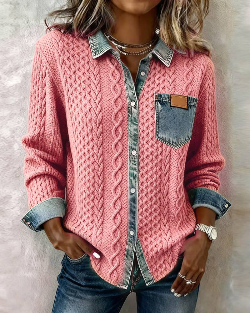 Damen nan geflochtener Strickpullover mit integriertem Jeanskragen und Brusttasche Echo Archiv