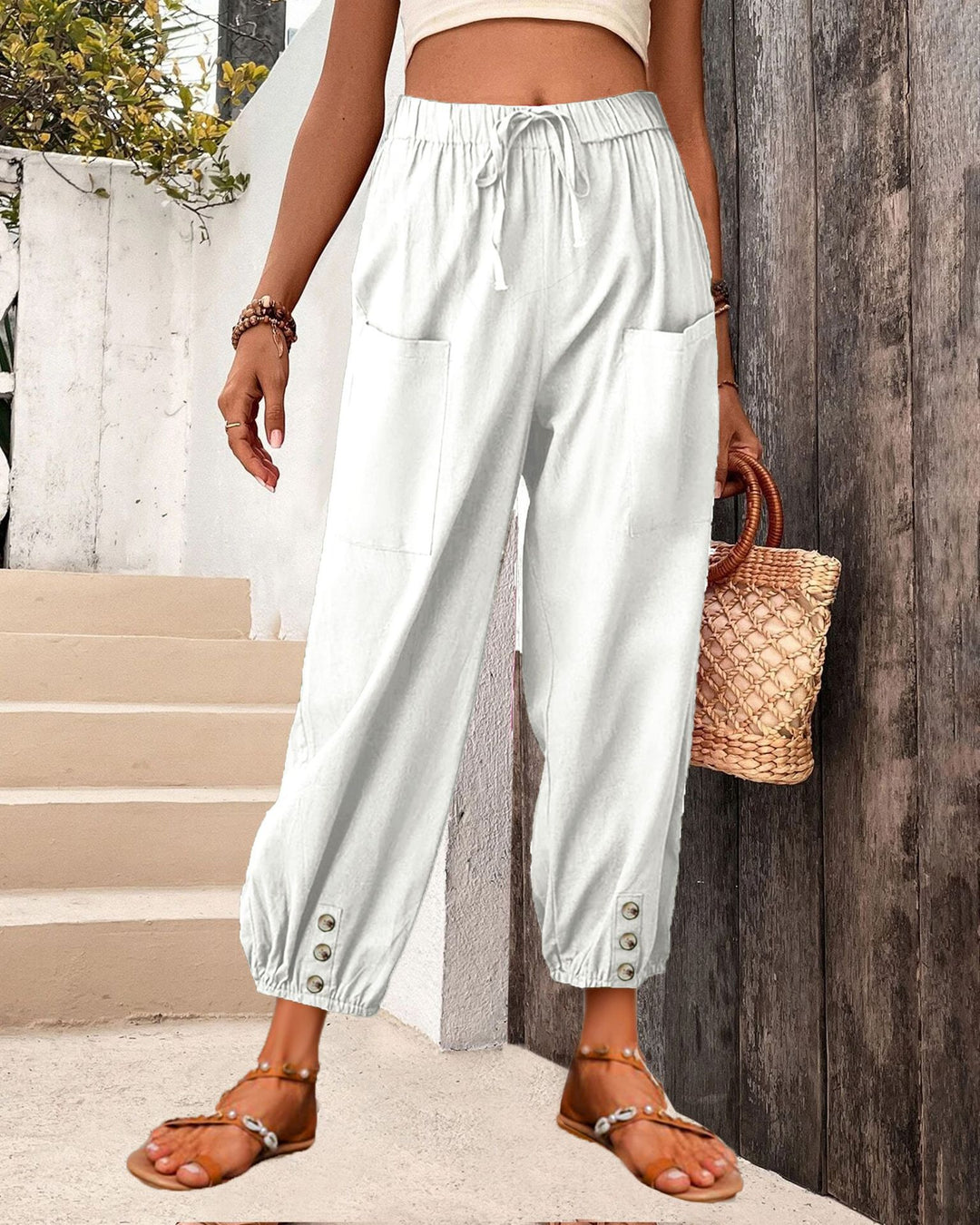 Damen Leinenlook Loungehosen mit hohem elastischem Taillenbund, Kordelzug, aufgesetzten Taschen und geknöpftem Saum – Avélisse