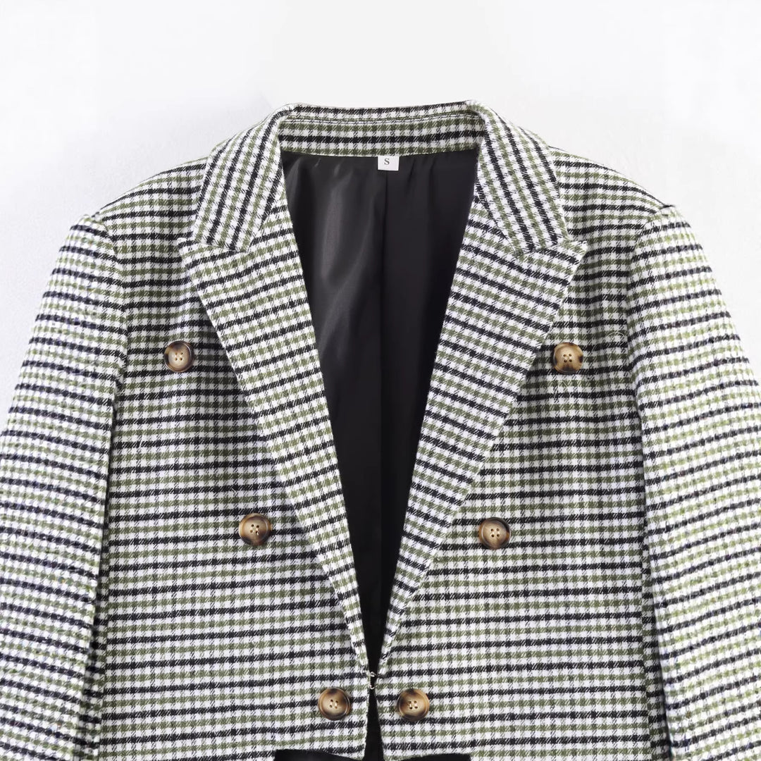 Damen Karo-Blazer mit asymmetrischem Cropped-Vorderteil und Holzknöpfen Echo Archiv
