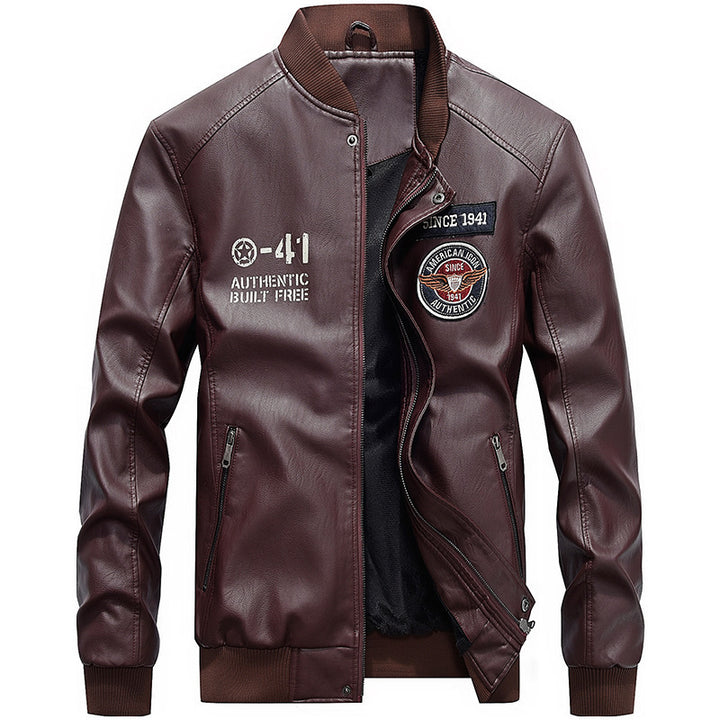 Herren nan leichte Kunstleder-Bomberjacke im Pilotenstil mit gestickten Patches und verdeckter Reißverschlussleiste Echo Archiv