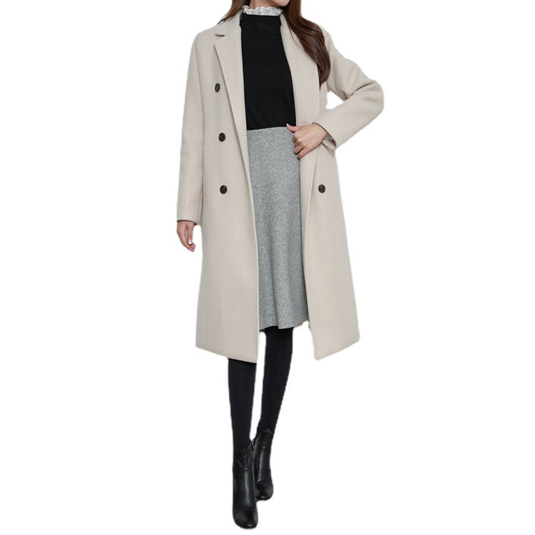 Damen Lang geschnittener Wollmix-Mantel im minimalistischen Doppelreiher mit tiefem Revers Echoarchiv