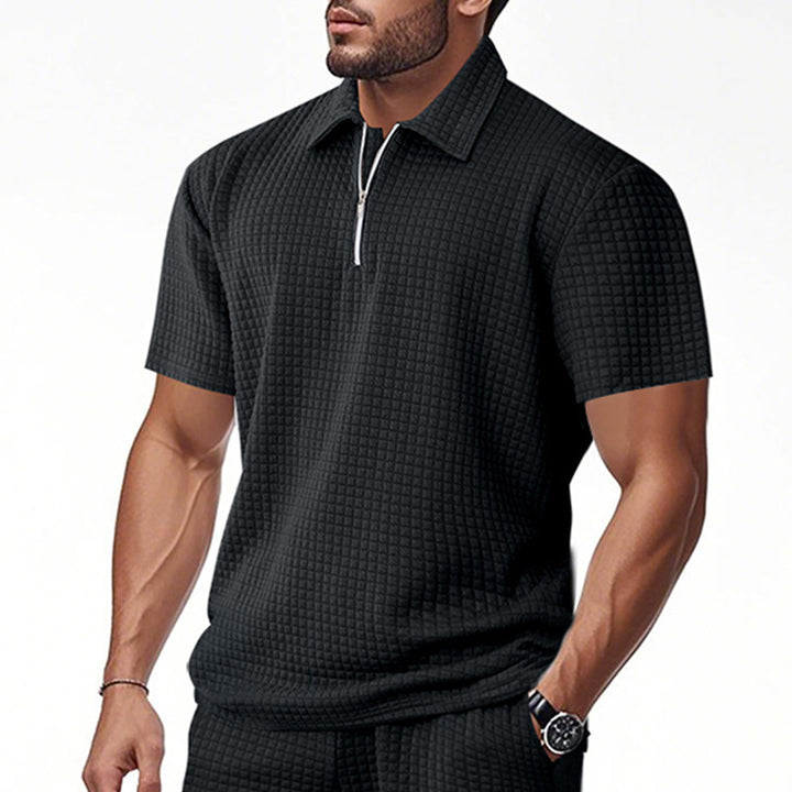 Herren Kurzarm-Henley-Shirt aus strukturierter Baumwollmischung mit Reißverschluss Echoarchiv