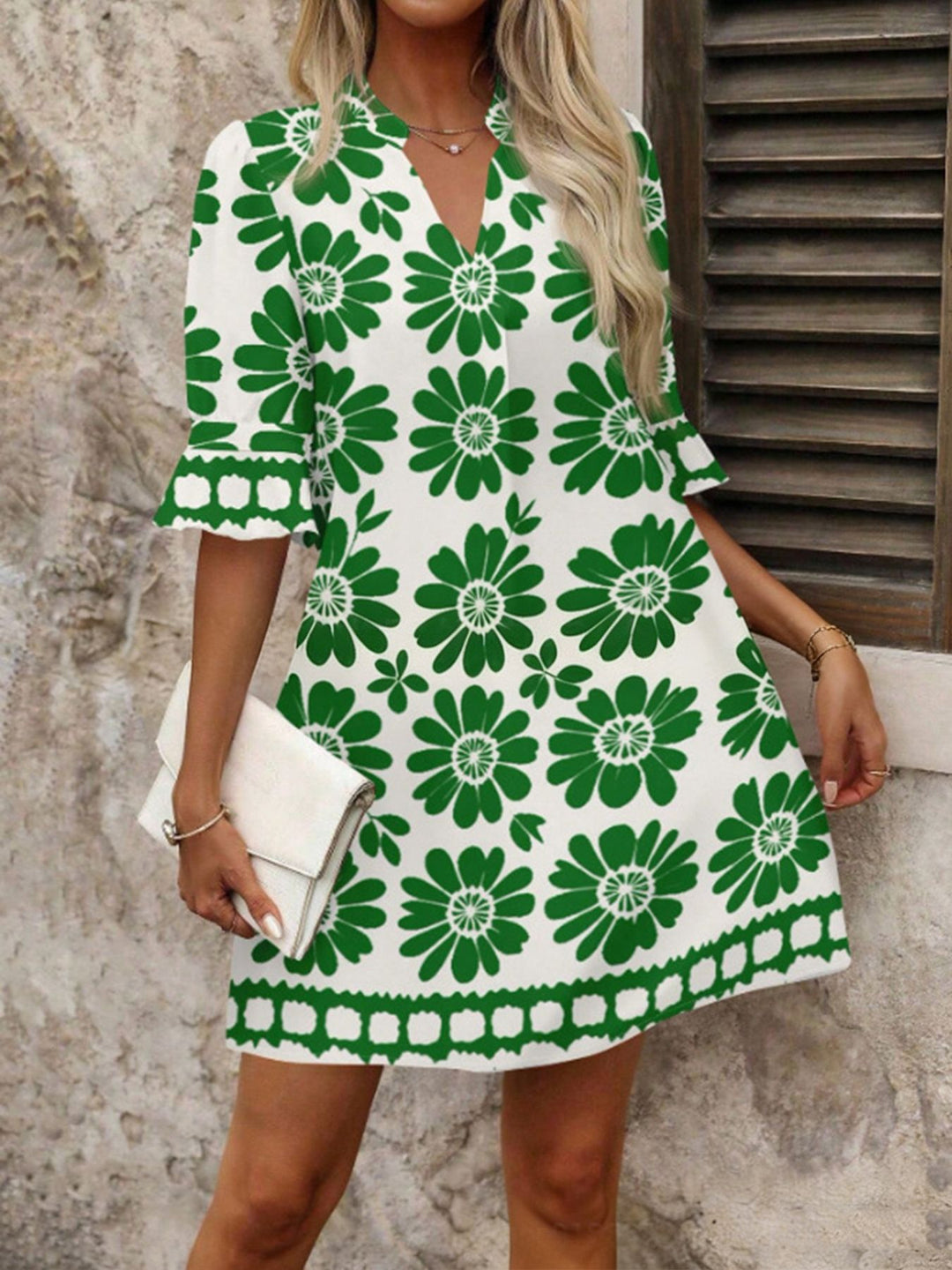 Damen Leichtes Sommer Tunika Kleid mit V Ausschnitt und Volantärmeln Echoarchiv