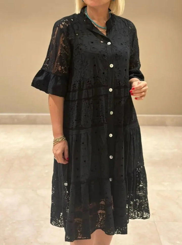 Damen nan Hemdblusen-Midikleid mit Spitzen-Einsätzen, Stufenrock und durchgehender Knopfleiste Echo Archiv