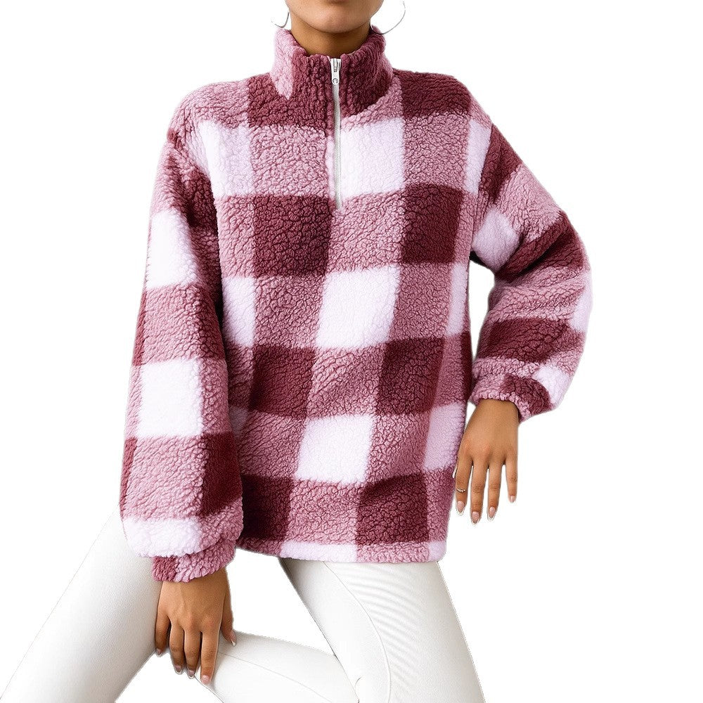 Damen nan kariertes Teddy-Fleece Pullover mit Stehkragen und halbhohem Reißverschluss Echo Archiv