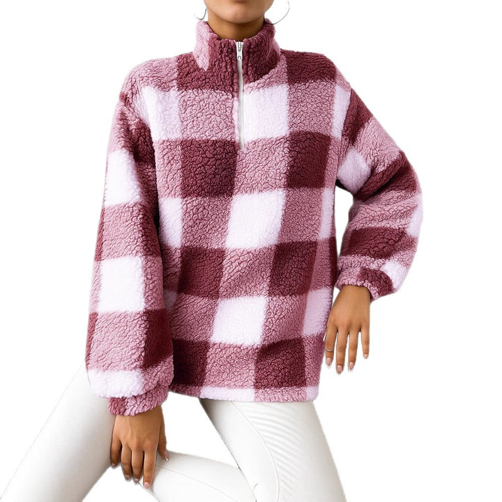 Damen nan kariertes Teddy-Fleece Pullover mit Stehkragen und halbhohem Reißverschluss Echo Archiv