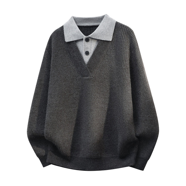 Herren Grobstrick-Pullover mit tiefem V-Ausschnitt und kontrastierendem Polokragen Echoarchiv