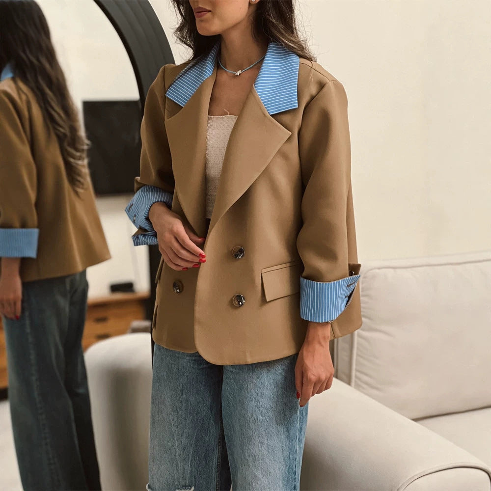 Damen Oversize-doppelreihiger Blazer mit kontrastkragen & aufschlagärmeln Echoarchiv