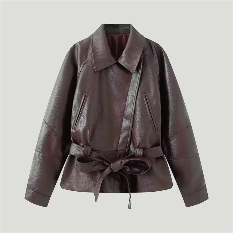 Damen nan taillierte Kunstlederjacke mit Hemdkragen und Bindegürtel Echo Archiv