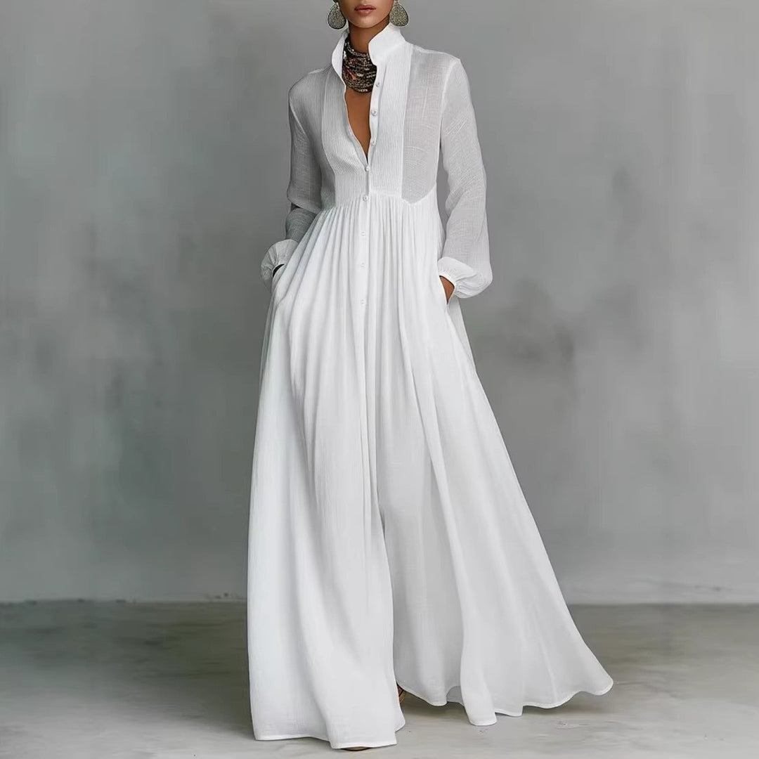 Damen Maxikleid mit Stehkragen, Knopfleiste und seitlichen Taschen Echoarchiv