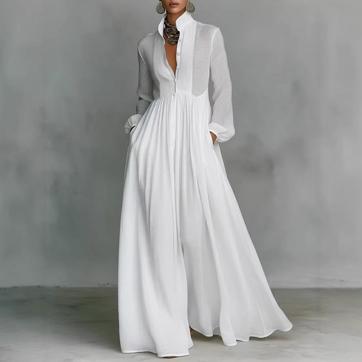 Damen Maxikleid mit Stehkragen, Knopfleiste und seitlichen Taschen Echoarchiv