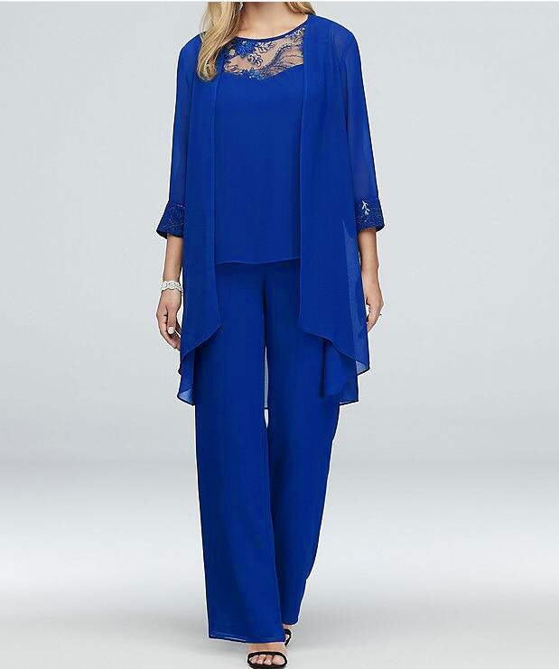 Damen nan fließendes Chiffon-Abendensemble mit Spitzenbesatz, Kimono-Cardigan und weiter Palazzohose Echo Archiv