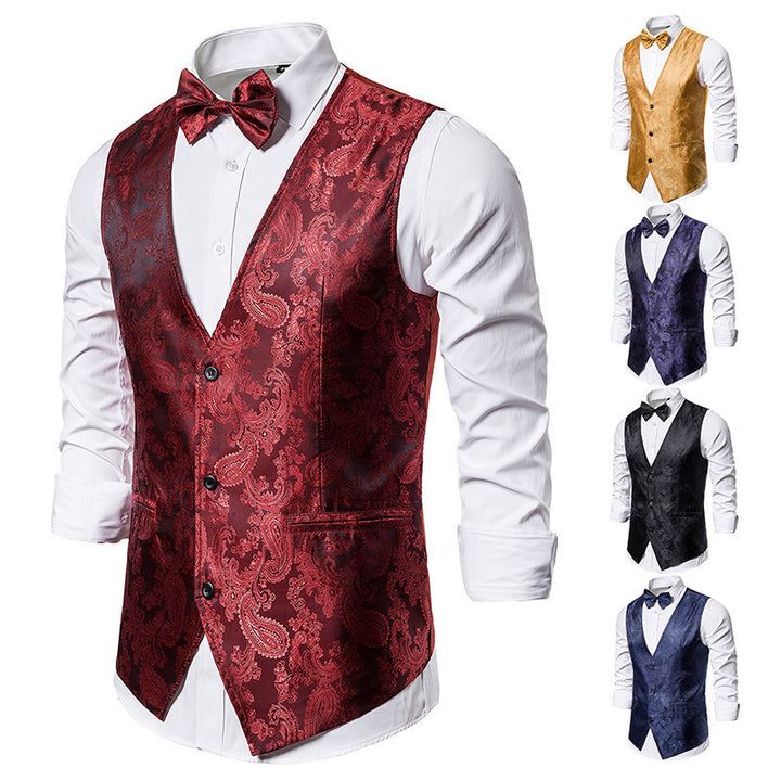 Herren nan taillierte Satinweste mit ornamentalem Jacquardmuster, V-Ausschnitt und drei Knöpfen Echo Archiv