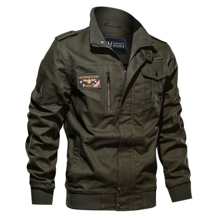 Herren Canvas‑Bomberjacke im Military‑Stil mit Schulterklappen und Pattentaschen – Brevano