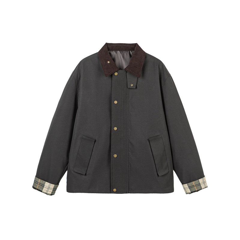Herren Kurze Boxy-Workerjacke aus robustem Canvas mit Cordkragen und verdeckter Druckknopfleiste Echo Archiv