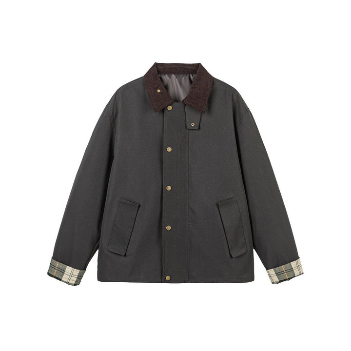 Herren Kurze Boxy-Workerjacke aus robustem Canvas mit Cordkragen und verdeckter Druckknopfleiste Echo Archiv