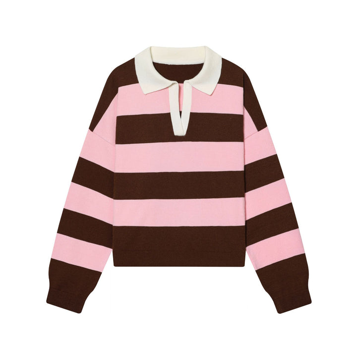 Damen nan gestreifter Rugby-Pullover mit Polokragen und tiefem V-Schlitz Echo Archiv