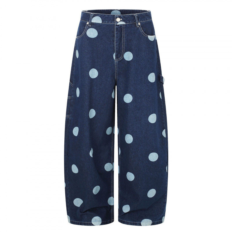 Damen Weite Cropped-Jeans mit hoher Taille, Polka‑Dot‑Print und Carpenter‑Details Echo Archiv