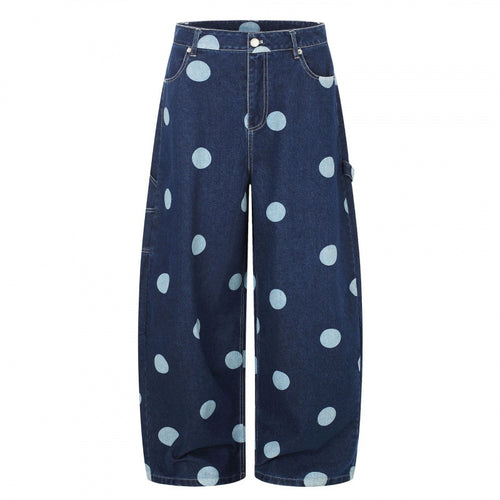 Damen Weite Cropped-Jeans mit hoher Taille, Polka‑Dot‑Print und Carpenter‑Details Echo Archiv