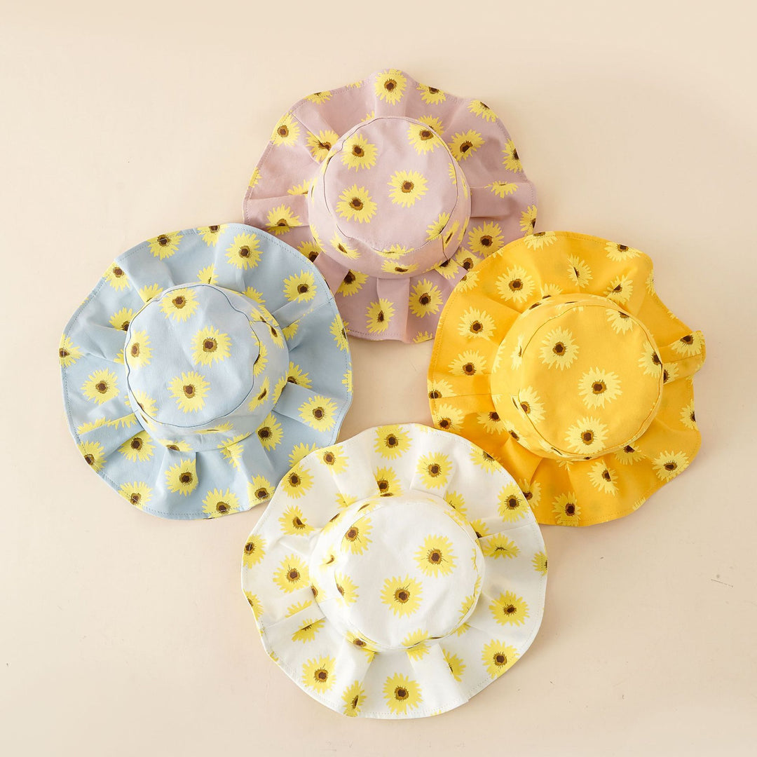 Damen Sonnenhut mit breiter Rüschenkrempe und Sonnenblumen‑Print – Avérine