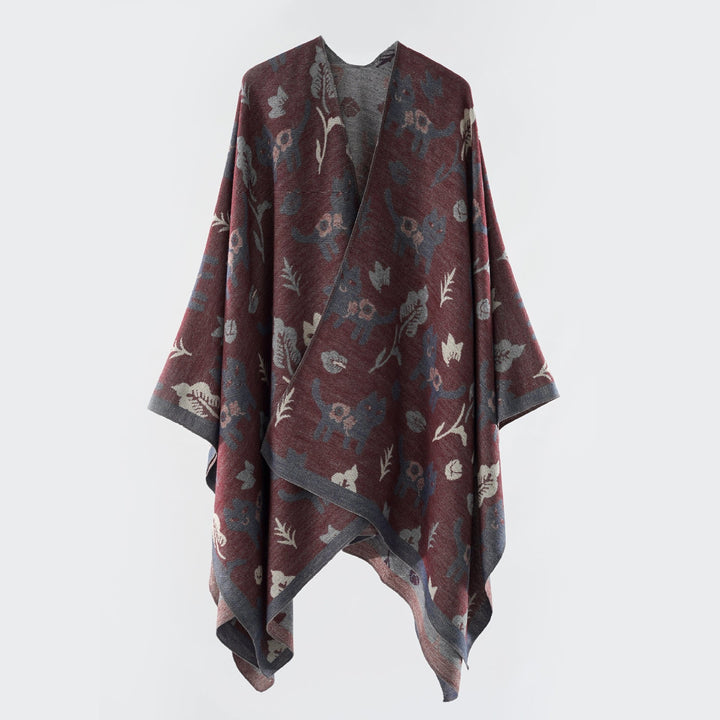 Damen Oversized Ruana im Jacquard mit Katzen- & Blumenmotiv Echo Archiv